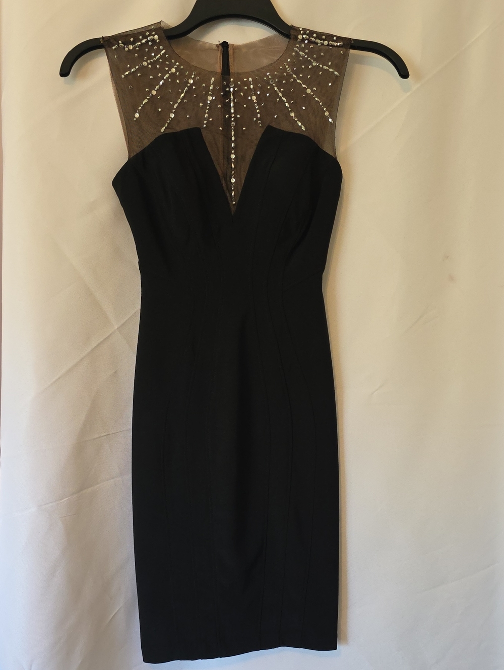 Betsy & Adam Black Midi Dress with Beaded Illusion Yoke